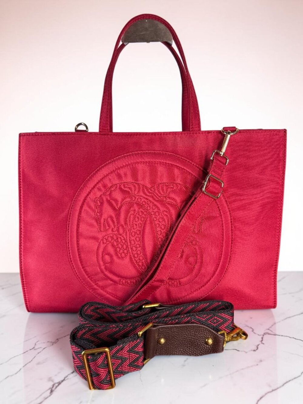 Sharif Red Embroidered Canvas Nylon Sample Laptop Tote - New Without Tags